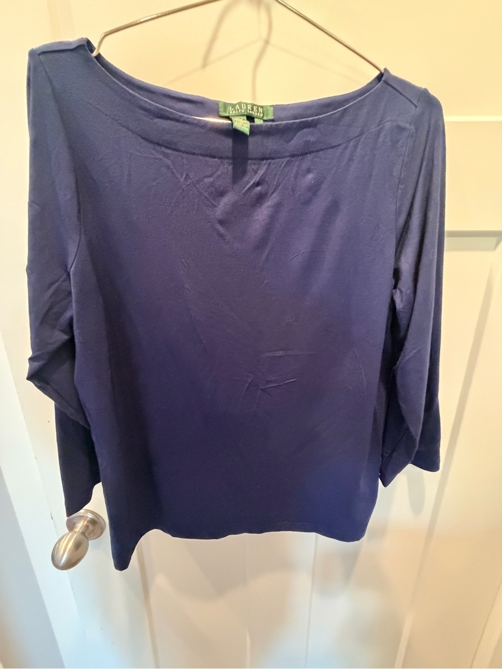 Lauren Ralph Lauren Navy Blue Stretch Knit 3/4 Sleeve Boatneck Top L